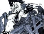  alex_ahad arachne breasts carapace claws commentary detached_sleeves extra_eyes greyscale insect_girl large_breasts long_hair monochrome monster_girl monster_musume_no_iru_nichijou multiple_legs navel rachnera_arachnera solo spider_girl 