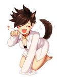  animal_ears bangs barefoot black_bra blush bra breasts brown_hair buttons cleavage closed_eyes collar dog_ears dog_tail ear_piercing eighth_note fang full_body kemonomimi_mode kneeling long_sleeves medium_breasts musical_note open_clothes open_mouth open_shirt overwatch paw_pose perio_67 piercing shirt simple_background sleeves_past_wrists smile solo spiked_hair swept_bangs tail tail_wagging tracer_(overwatch) underwear white_background white_shirt 