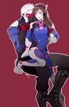  1boy 1girl age_difference bad_id bad_pixiv_id breast_grab brown_hair caress d.va_(overwatch) facepaint facial_mark grabbing grabbing_from_behind hand_on_another's_chest hand_on_another's_face highres looking_at_another mask navel open_mouth overwatch pink_background silver_hair simple_background sitting sitting_on_lap sitting_on_person soldier:_76_(overwatch) 