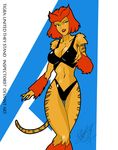  2014 animal_humanoid avengers:_united_they_stand bikini breasts cleavage clothed clothing feline female hair humanoid inspector97 looking_at_viewer mammal navel red_hair short_hair simple_background smile solo stripes swimsuit thigh_gap three-quarter_view tiger tiger_humanoid tigra 