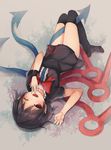  ;d asymmetrical_hair asymmetrical_wings black_dress black_hair blush bow bowtie breasts commentary crossed_ankles dress hand_to_own_mouth highres houjuu_nue knees_up lying medium_breasts on_back one_eye_closed open_mouth over-kneehighs red_bow red_eyes red_neckwear short_dress short_hair short_sleeves smile solo thighhighs thkani touhou upside-down wings 