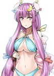  alternate_costume bangs bikini blue_bikini blue_ribbon blunt_bangs blush breasts bun_cover closed_mouth collarbone commentary_request cowboy_shot crescent crescent_hair_ornament double_bun hair_ornament hair_ribbon highres large_breasts long_hair looking_at_viewer navel patchouli_knowledge pink_eyes pink_hair red_ribbon ribbon sidelocks solo stomach swimsuit touhou tress_ribbon underboob undressing very_long_hair white_background y2 