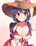  adapted_costume alternate_costume bikini breasts cleavage flower hair_flaps hair_flower hair_ornament hat itomugi-kun kantai_collection large_breasts low_twintails machinery purple_hair red_eyes ryuuhou_(kantai_collection) sarong smokestack solo sun_hat swimsuit taigei_(kantai_collection) twintails 