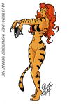  2015 anthro bikini bottomless claws clothed clothing feline female hair inspector97 long_hair looking_at_viewer mammal navel open_mouth red_hair simple_background solo standing stripes surprise swimsuit tiger tigra white_background yellow_eyes 