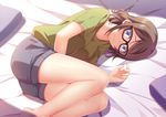  blue_eyes breasts brown_hair glasses looking_at_viewer love_live! love_live!_sunshine!! lying medium_breasts mmrailgun on_side shirt short_hair shorts smile solo t-shirt watanabe_you 