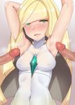  armpits arms_up bad_id bad_pixiv_id blonde_hair blush breasts censored covered_nipples dress green_eyes hair_over_one_eye highres long_hair looking_at_viewer lusamine_(pokemon) mosaic_censoring multiple_penises open_mouth penis pokemon pokemon_(game) pokemon_sm small_breasts smile solo_focus synchroaki very_long_hair 