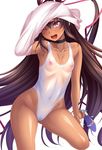  1girl ;d aoi_nagisa_(artist) aoi_nagisa_(metalder) armpits breasts brown_hair cameltoe choker collarbone covered_navel erect_nipples female high_heels highleg highleg_swimsuit long_hair looking_at_viewer mizuki_yukikaze nipples one-piece_swimsuit one_eye_closed open_mouth purple_eyes see-through shoes_removed small_breasts smile solo swimsuit taimanin_(series) taimanin_asagi taimanin_yukikaze taimanin_yukikaze_2 tan tanline teeth undressing very_long_hair white_swimsuit 