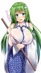  :d bare_shoulders blue_eyes blue_skirt blush breast_press breasts broom collarbone collared_shirt commentary_request covered_nipples cowboy_shot deep_skin detached_sleeves ebi_193 frog_hair_ornament green_hair hair_ornament hair_tubes holding holding_broom huge_breasts japanese_clothes kochiya_sanae long_hair looking_at_viewer miko no_bra open_mouth polka_dot_skirt see-through shirt skirt smile solo touhou translated very_long_hair wet wet_clothes white_background white_shirt wide_sleeves 