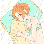  blush bra cat_pillow frilled_pillow frills green_eyes hair_ornament hairclip hairpin holding holding_pillow hoshizora_rin looking_at_viewer love_live! love_live!_school_idol_project lying midriff navel nyan on_side orange_hair paw_print pillow short_hair solo umeno underwear underwear_only upper_body x_hair_ornament 