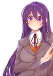  1girl blush breasts collared_shirt commentary doki_doki_literature_club english_commentary eyebrows_visible_through_hair grey_jacket hair_between_eyes highres jacket large_breasts long_hair looking_at_viewer purple_eyes purple_hair school_uniform shirt simple_background solo upper_body white_background white_shirt xhunzei yuri_(doki_doki_literature_club) 