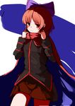  absurdres black_shirt blush bow brown_skirt cape closed_mouth cowboy_shot hair_bow high_collar highres long_sleeves looking_at_viewer miniskirt purple_bow red_cape red_eyes red_hair sancking_(fatekl) sekibanki shirt short_hair skirt smile solo touhou 