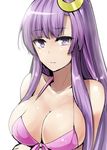  alternate_costume bikini breasts cleavage closed_mouth collarbone commentary_request crescent crescent_hair_ornament hair_ornament highres large_breasts long_hair looking_at_viewer patchouli_knowledge pink_bikini purple_eyes purple_hair sidelocks solo swimsuit touhou upper_body white_background y2 