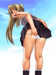  1girl ass bakuhatsu_bros. bare_arms black_skirt blonde_hair blue_eyes blush boots breasts clouds earrings floating_hair from_behind fullmetal_alchemist happy highres leaning_forward legs long_hair looking_back open_mouth outdoors panties panty_pull ponytail skirt skirt_lift sky sleeveless small_breasts smile solo thighs underwear undressing white_panties winry_rockbell 