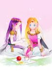  apple belt blonde_hair blue_eyes cape cookie cup dress earrings elbow_gloves food forehead_jewel fruit gloves highres jewelry long_hair looking_at_viewer mi-e-ra multiple_girls pointy_ears princess_hilda princess_zelda purple_hair red_eyes sauce sitting smile teacup the_legend_of_zelda the_legend_of_zelda:_a_link_between_worlds tiara white_gloves 