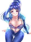  bikini blue_hair blush breasts eyebrows_visible_through_hair gorua_(youce01) large_breasts long_hair looking_at_viewer love_live! love_live!_sunshine!! matsuura_kanan md5_mismatch parted_lips ponytail purple_eyes simple_background sitting solo striped striped_bikini swimsuit very_long_hair wetsuit white_background 