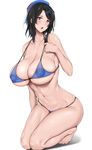  alternate_costume areolae bare_legs bare_shoulders barefoot beret bikini black_hair blue_bikini blush breasts brown_eyes cleavage collarbone commentary_request full_body ggli_(yuine_wantan) hair_ornament hairclip hat huge_breasts kantai_collection kneeling large_areolae looking_at_viewer micro_bikini navel open_mouth pulled_by_self see-through short_hair sideboob skindentation solo stomach strap_pull swimsuit takao_(kantai_collection) underboob white_background 
