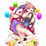  aqua_eyes balloon breasts candy chocolate_love food full_body giuniu gloves green_panties hat heart heart-shaped_pupils high_heels jester_cap large_breasts lollipop long_hair looking_at_viewer one_eye_closed open_mouth panties pink_hair polka_dot_hat popcorn skirt solo striped_hat symbol-shaped_pupils transparent_background uchi_no_hime-sama_ga_ichiban_kawaii underwear 