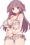  :/ bikini blush breasts brown_eyes brown_hair cleavage collarbone covered_nipples cowboy_shot front-tie_bikini front-tie_top frown groin hair_flaps hair_ribbon halterneck head_tilt large_breasts long_hair maya_yukiko navel pink_ribbon plaid plaid_bikini ribbon saki shisoneri simple_background solo sparkling_eyes strap_gap swimsuit white_background wristband 