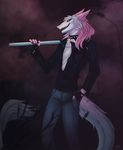  anthro bardju clothed clothing collar looking_at_viewer male open_mouth sergal smile solo spiked_collar spikes standing 