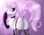  2016 butt choker clothing cutie_mark dock equine featureless_crotch female feral fleur_de_lis_(mlp) friendship_is_magic hair horn jeki legwear looking_back mammal my_little_pony pink_hair raised_tail simple_background solo stockings thigh_highs unicorn 