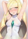  armpits arms_up bad_id bad_pixiv_id blonde_hair blush breasts covered_nipples dress green_eyes hair_over_one_eye highres long_hair looking_at_viewer lusamine_(pokemon) open_mouth pokemon pokemon_(game) pokemon_sm small_breasts smile solo synchroaki very_long_hair 