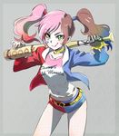  baseball_bat bat batman_(series) belt breasts clown cosplay dc_comics gloves harley_quinn harley_quinn_(cosplay) iesupa jacket jewelry large_breasts lipstick long_hair makeup multicolored multicolored_clothes multicolored_hair multicolored_jacket multicolored_shorts necklace neo_(rwby) pantyhose rwby shorts smile solo suicide_squad twintails two-tone_hair 