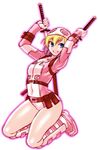  belt blonde_hair boots chiba_toshirou dual_wielding gwen_poole gwenpool holding kneeling leotard looking_at_viewer marvel mask mask_on_head multicolored_hair pink_leotard sheath short_hair simple_background smile solo sword two-tone_hair unsheathing utility_belt weapon white_leotard 