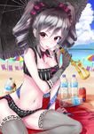  beach bikini black_umbrella blitzen bottle breasts cleavage day derivative_work drill_hair elbow_gloves eve_santaclaus gloves gothic_lolita idolmaster idolmaster_cinderella_girls kanzaki_ranko lolita_fashion long_hair medium_breasts ocean parasol reindeer silver_hair smile solo swimsuit thighhighs twin_drills umbrella water_bottle yukimura_(colorofyukimura) 