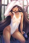  1girl ;d aoi_nagisa_(artist) aoi_nagisa_(metalder) armpits breasts brown_hair cameltoe choker collarbone covered_navel erect_nipples female high_heels highleg highleg_swimsuit long_hair looking_at_viewer mizuki_yukikaze nipples one-piece_swimsuit one_eye_closed open_mouth purple_eyes see-through shoes_removed small_breasts smile solo swimsuit taimanin_(series) taimanin_asagi taimanin_yukikaze taimanin_yukikaze_2 tan tanline teeth undressing very_long_hair white_swimsuit 