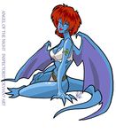  2015 armband breasts cleavage clothed clothing demona_(gargoyles) disney ear_piercing female gargoyle gargoyles hair halter_top hand_on_thigh inspector97 loincloth looking_at_viewer navel piercing red_hair short_hair simple_background sitting smile solo white_background 