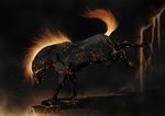  2012 ambiguous_gender black_fur cliff detailed_background digital_media_(artwork) digital_painting_(artwork) equine feral fur glowing glowing_eyes hell hooves horse indiwolf lava mammal mane quadruped restricted_palette side_view signature solo yellow_eyes 