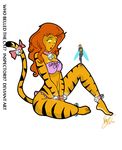  2016 anklet anthro bell_collar bra bracelet clothing collar duo female hair human inspector97 jewelry laugh looking_down mammal panties red_hair ribbons simple_background sitting size_difference spread_legs spreading standing stripes tail_bow tail_ribbon text tigra underwear wasp_(marvel) white_background yellow_eyes 