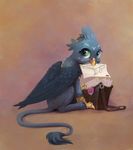  avian beak claws eyelashes feathers female feral friendship_is_magic fur gabby_(mlp) green_eyes grey_feathers grey_fur gryphon letter maggwai my_little_pony nude paws sitting solo yellow_beak 