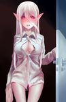  ass_visible_through_thighs bemani blush breasts collared_shirt door doorway dress_shirt hair_between_eyes highres holding kareha_(kareha_kr) long_hair medium_breasts nose_blush open_clothes open_door open_mouth open_shirt ortlinde=nblg=valkyria pointy_ears red_eyes shirt sleeves_past_wrists solo sound_voltex standing very_long_hair wet white_hair wing_collar 