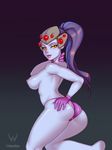  1girl areolae artist_name blue_hair blue_skin breasts chelodoy gloves head_mounted_display long_hair looking_at_viewer nipples overwatch panties parted_lips ponytail side_boob simple_background solo topless widowmaker_(overwatch) yellow_eyes 