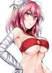  alternate_costume armpits bandaged_arm bandages bandeau bare_shoulders bikini breasts bun_cover cleavage commentary_request double_bun hand_on_hip highres ibaraki_kasen large_breasts looking_at_viewer navel o-ring o-ring_bikini parted_lips pink_eyes pink_hair red_bikini short_hair solo stomach swimsuit touhou underboob upper_body white_background y2 