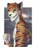  anthro bardju fangs feline fur male mammal nude smile solo stripes teeth tiger 