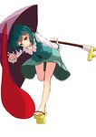  :o absurdres blue_eyes blue_hair foreshortening full_body geta green_skirt green_vest heterochromia highres holding holding_umbrella karakasa_obake leaning_forward long_sleeves looking_at_viewer red_eyes sancking_(fatekl) skirt solo standing standing_on_one_leg tatara_kogasa tongue tongue_out touhou umbrella v-shaped_eyebrows vest white_background 