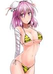  :o ahoge alternate_costume animal_print arched_back armpit_peek arms_behind_back bandaged_arm bandages bikini blush breasts bun_cover cleavage collarbone commentary_request cowboy_shot double_bun groin highres ibaraki_kasen large_breasts looking_at_viewer micro_bikini navel pink_eyes pink_hair print_bikini red_ribbon ribbon shiny shiny_skin short_hair side-tie_bikini solo stomach swimsuit tiger_print touhou underboob white_background y2 