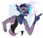  anthro bardju clothed clothing collar ear_piercing fangs female hyena mammal piercing simple_background smile smoke solo spiked_collar spikes teeth 
