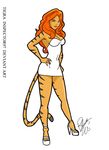  2015 animal_humanoid breasts cleavage clothed clothing dress feline female footwear hair hand_on_hip high_heels humanoid inspector97 looking_at_viewer mammal red_hair simple_background solo standing tiger tiger_humanoid tigra white_background 