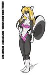  2015 anthro asrial bikini blonde_hair breasts cleavage clothed clothing female gloves_(marking) grey_eyes hair hand_on_hip inner_ear_fluff inspector97 looking_at_viewer mammal markings navel ninja_high_school simple_background skunk socks_(marking) solo spots standing swimsuit white_background 