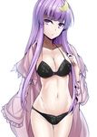  :/ bangs bikini black_bikini blunt_bangs breasts cleavage closed_mouth collarbone commentary_request cowboy_shot crescent crescent_hair_ornament groin hair_ornament halter_top halterneck highres large_breasts long_hair long_sleeves looking_at_viewer navel no_hat no_headwear pajamas patchouli_knowledge purple_eyes purple_hair sidelocks solo stomach swimsuit thigh_gap touhou undressing white_background wide_sleeves y2 