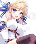  :d agekichi_(heart_shape) bangs bare_shoulders beret between_breasts black_legwear blonde_hair blue_eyes blue_ribbon blush breasts cucouroux_(granblue_fantasy) detached_sleeves gears granblue_fantasy hair_between_eyes hair_ribbon hat long_hair long_sleeves medium_breasts open_mouth ribbon sleeves_past_wrists smile solo strap_cleavage thighhighs twintails 