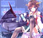  bare_shoulders black_gloves black_legwear blue_eyes bottle brown_hair gloves hiei_(kantai_collection) kantai_collection looking_at_viewer machinery nanoha-h nontraditional_miko short_hair skirt smile solo thighhighs wide_sleeves 