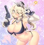  ;p arched_back bare_shoulders bent_over blonde_hair blue_eyes breasts cleavage colt_saa elbow_gloves front-tie_top gloves gun handgun hase_yu headgear heart holding holding_gun holding_weapon iowa_(kantai_collection) kantai_collection large_breasts leaning_forward long_hair looking_at_viewer one_eye_closed revolver solo star star-shaped_pupils symbol-shaped_pupils thong tongue tongue_out trigger_discipline underwear underwear_only v weapon 
