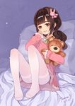  2016 absurdres artist_name brown_eyes brown_hair bunny_hair_ornament child dated dress hair_ornament highres legs long_hair low_twintails no_shoes original pantyhose pillow signature sitting sleeves_past_wrists smile solo stuffed_animal stuffed_toy teddy_bear thighband_pantyhose tsubasa_tsubasa twintails white_legwear 