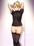  1girl against_wall arms_behind_head arms_up bakuhatsu_bros. black_eyes blonde_hair blush bottomless breasts cowboy_shot earrings fullmetal_alchemist hair_up highres legs looking_at_viewer mound_of_venus no_panties pussy riza_hawkeye shaved shaved_pussy short_sleeves small_breasts smile solo standing thighhighs thighs uncensored 