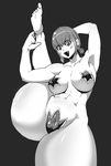  1girl abs blush breasts cameltoe curvy erect_nipples fangs female large_breasts looking_at_viewer maebari monochrome okatimati open_mouth pasties short_hair simple_background solo tagme thick_thighs 