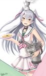  :d amatsukaze_(kantai_collection) anchor blush coffee cosplay dress fang food hair_ornament hat headband highres kantai_collection kettle libeccio_(kantai_collection) libeccio_(kantai_collection)_(cosplay) long_hair looking_at_viewer moka_pot open_mouth pasta rensouhou-kun retorillo silver_hair simple_background skirt smile solo spaghetti two_side_up yellow_eyes 